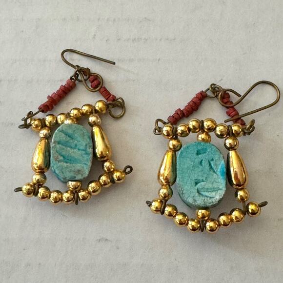 Vintage Multi-Strand Turquoise & Gold Tone Bead Necklace Hanging Scarab Earrings - Picture 4 of 10